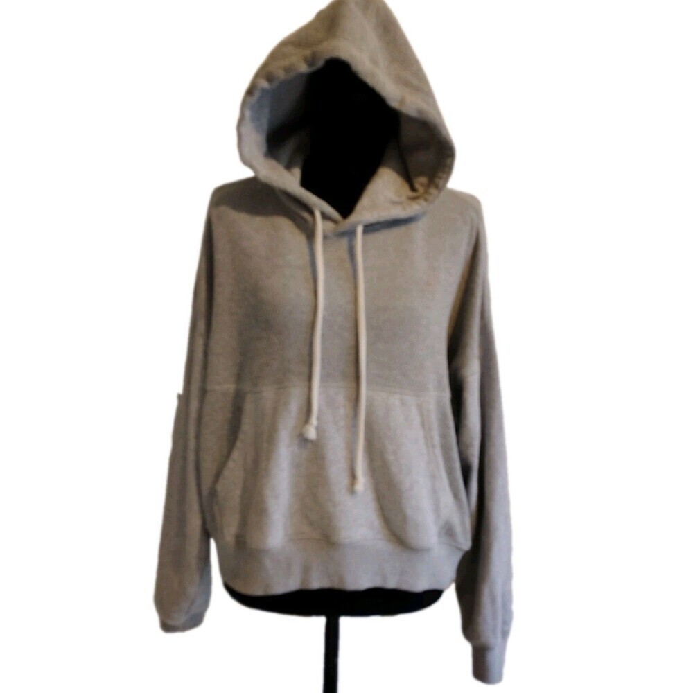 Aerie Waffle Knit Cropped Hoodie Sweatshirt Heather Gray Kangaroo Pocket Sze XS